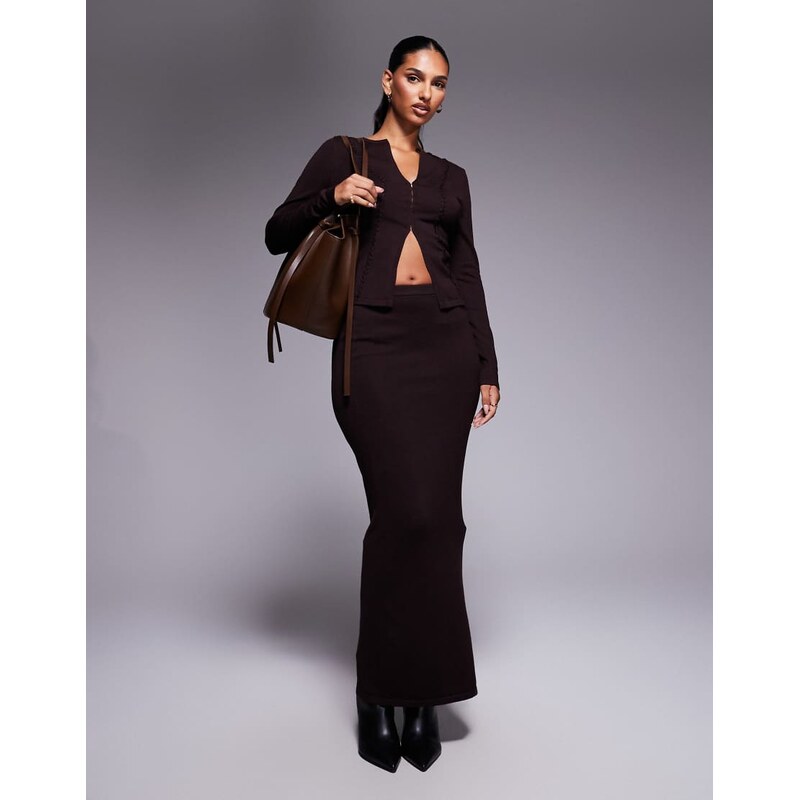 Kaiia knitted maxi column skirt co-ord in brown