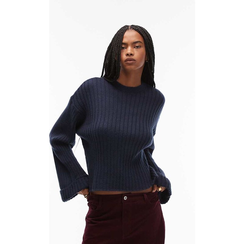 ASOS DESIGN knitted jumper with turn up cuff in navy