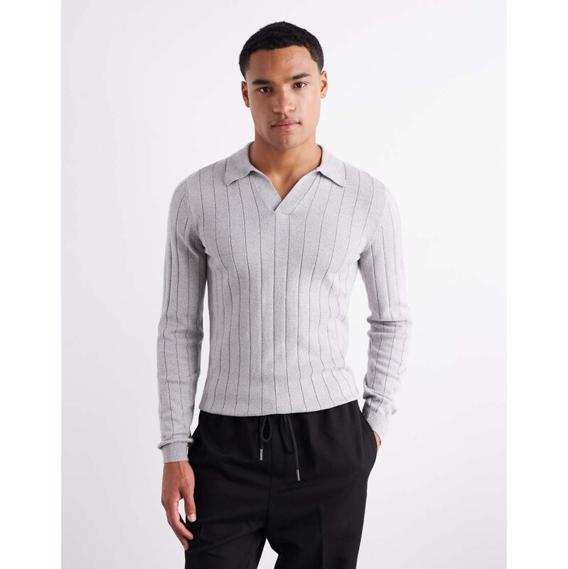 ASOS DESIGN muscle fit long sleeve knitted rib notch neck polo
