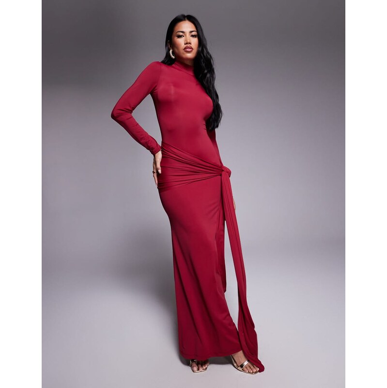 Bardot Alix tie front long sleeve maxi dress in burgundy-Red 108529920
