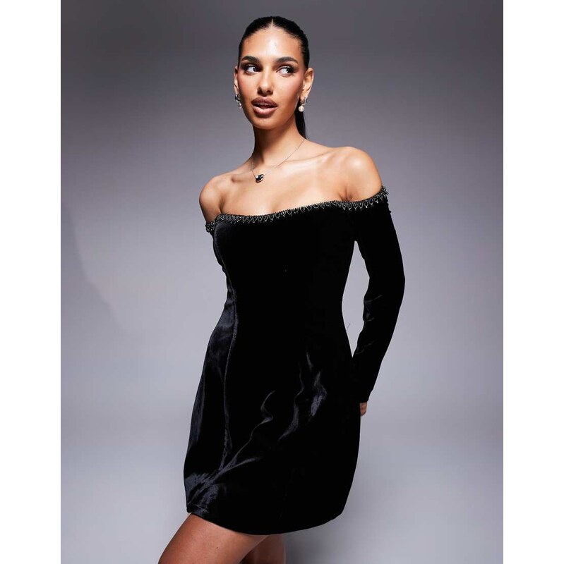 Bardot Nadene trim bardot long sleeve mini dress in black 108527034