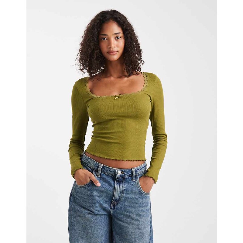 Miss Selfridge rib square neck top in olive-Green