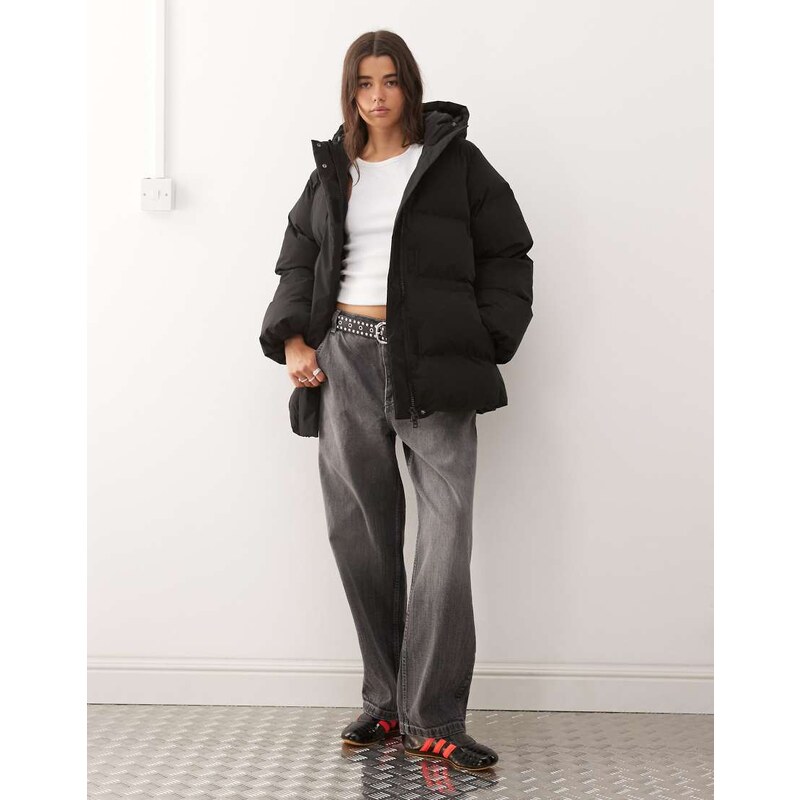 Weekday cinched puffer coat with detachable hood in black