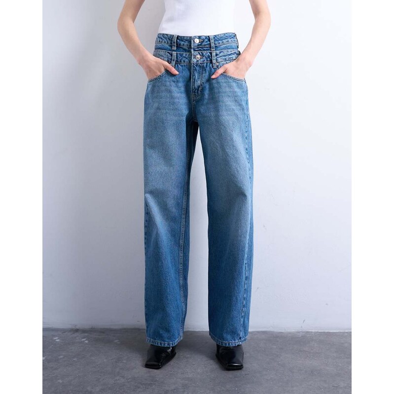 Topshop double waistband column jean in vintage blue-Black