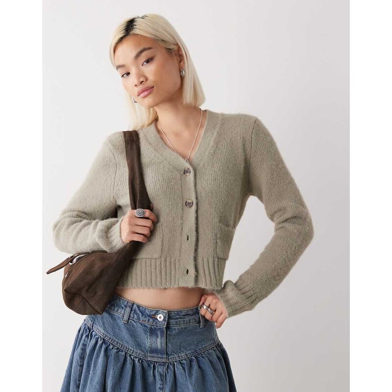 Monki cardigan with front pockets in khaki-Green