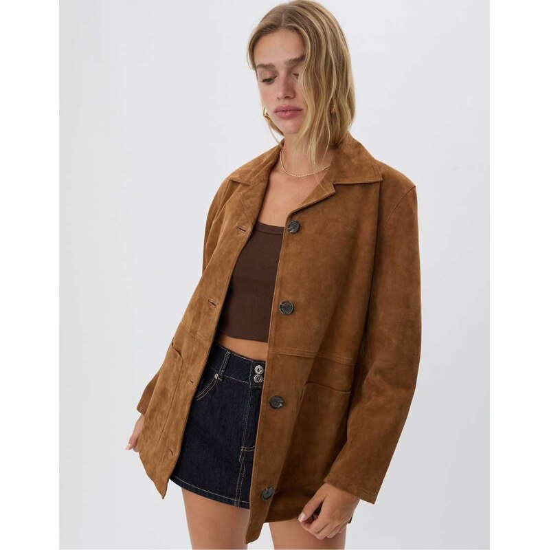 Stradivarius 100% leather jacket with pockets in brown 108527121