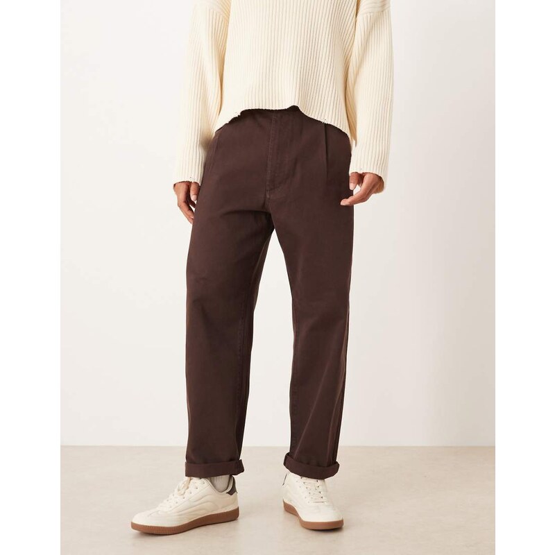 ASOS DESIGN relaxed tapered trousers in brown with rolled hem