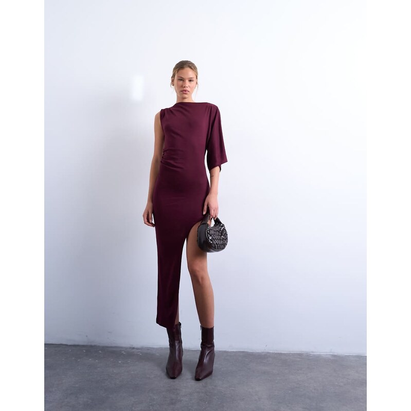 Topshop asymmetric hem one sleeve maxi dress in burgundy-Brown