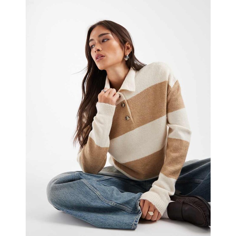 ASOS DESIGN knitted rugby top in beige stripe-Neutral
