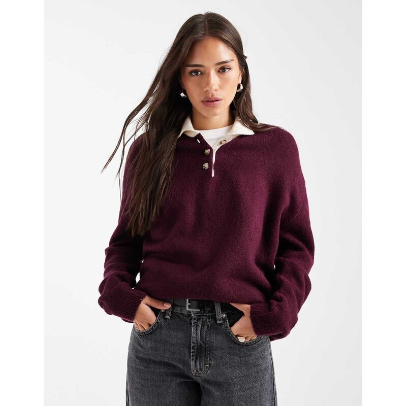 ASOS DESIGN knitted rugby top in wine-Purple