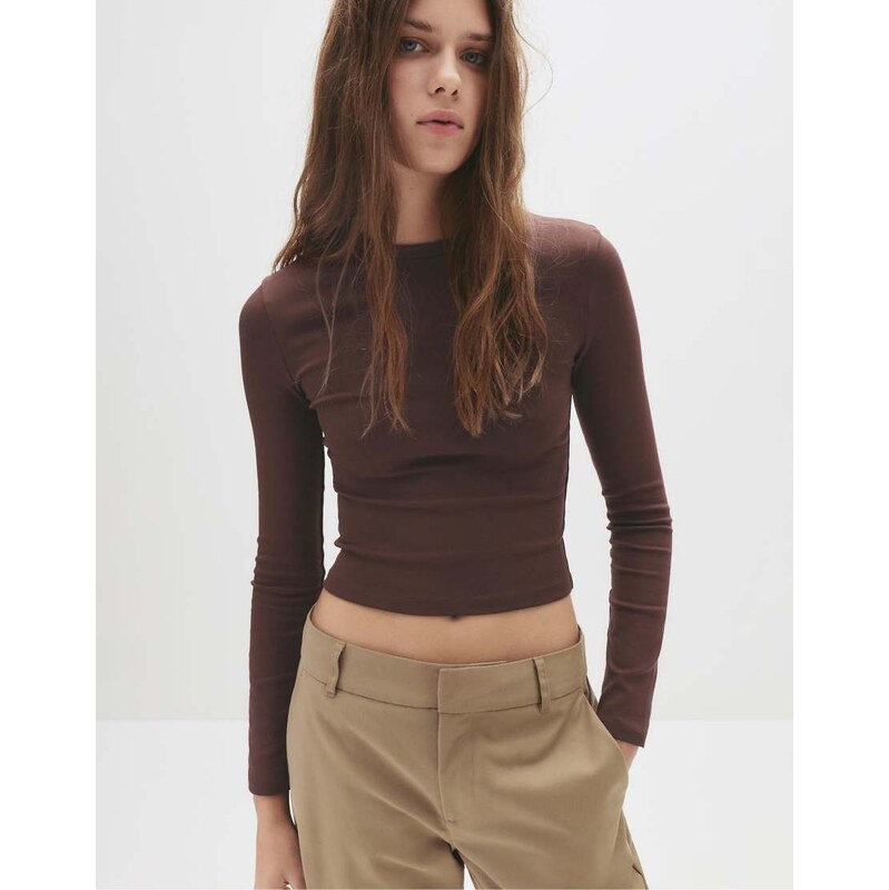 Pull&Bear Fitted long sleeve t-shirt in brown 108527222