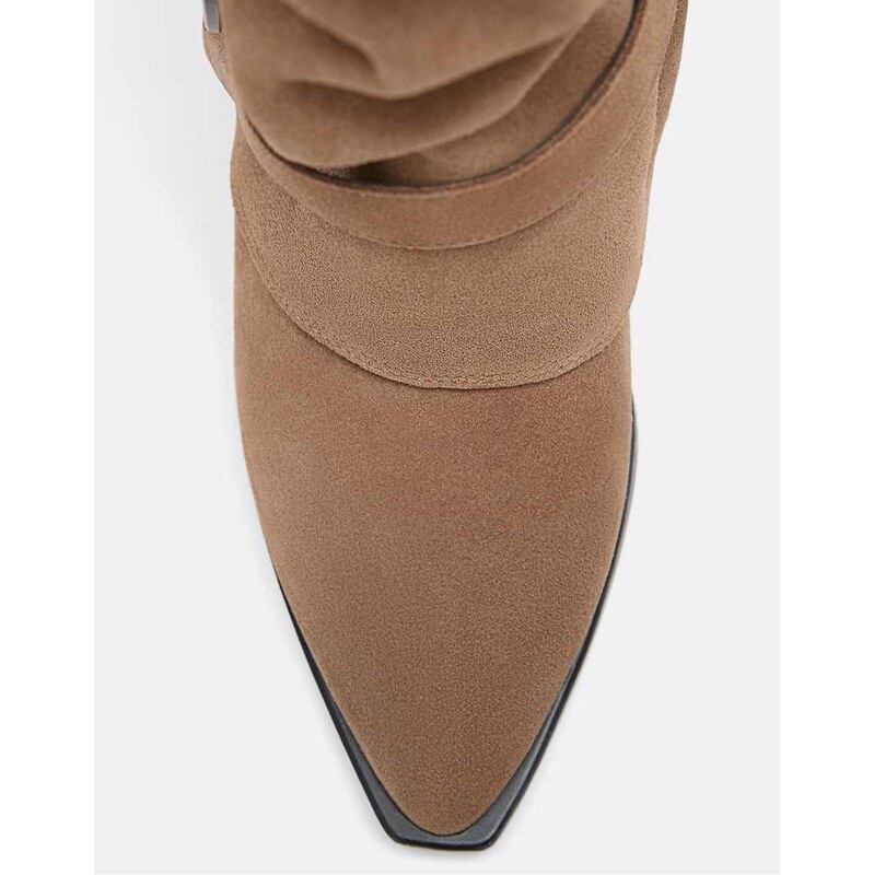 Stradivarius Real suede slouchy heeled boot in beige-Neutral