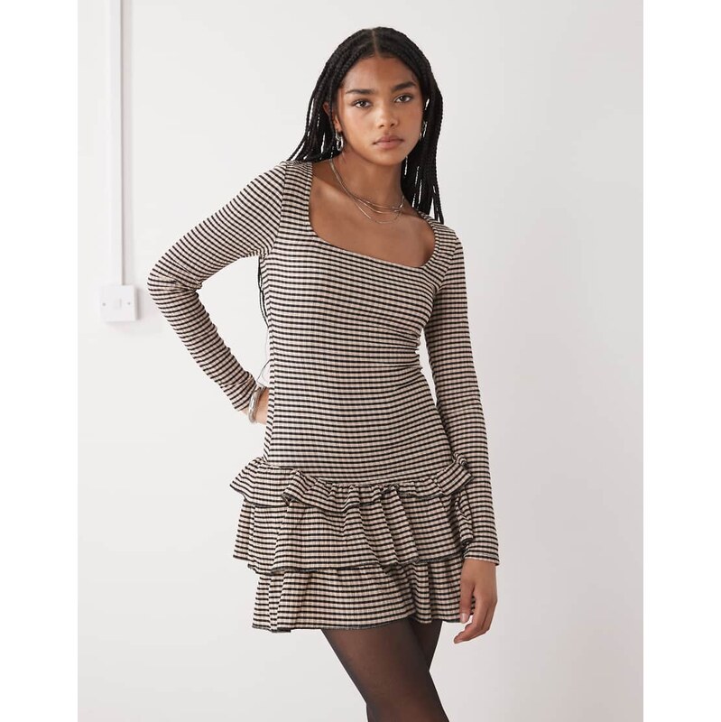 COLLUSION gingham textured square neck long sleeve dress in brown 108527230