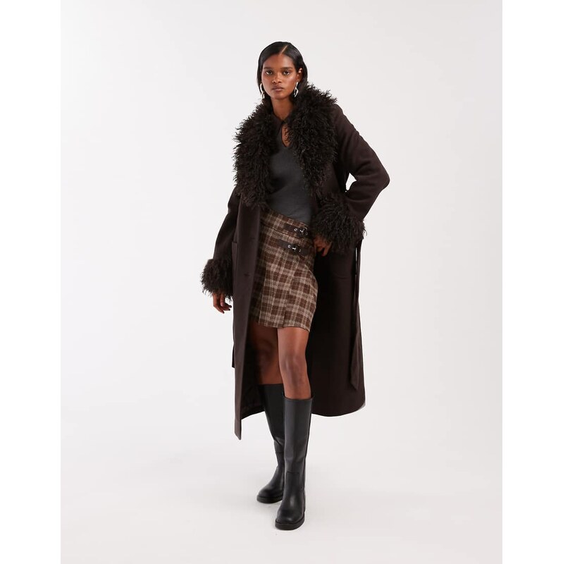 & Other Stories belted midaxi coat in brown with faux fur trim 108527237