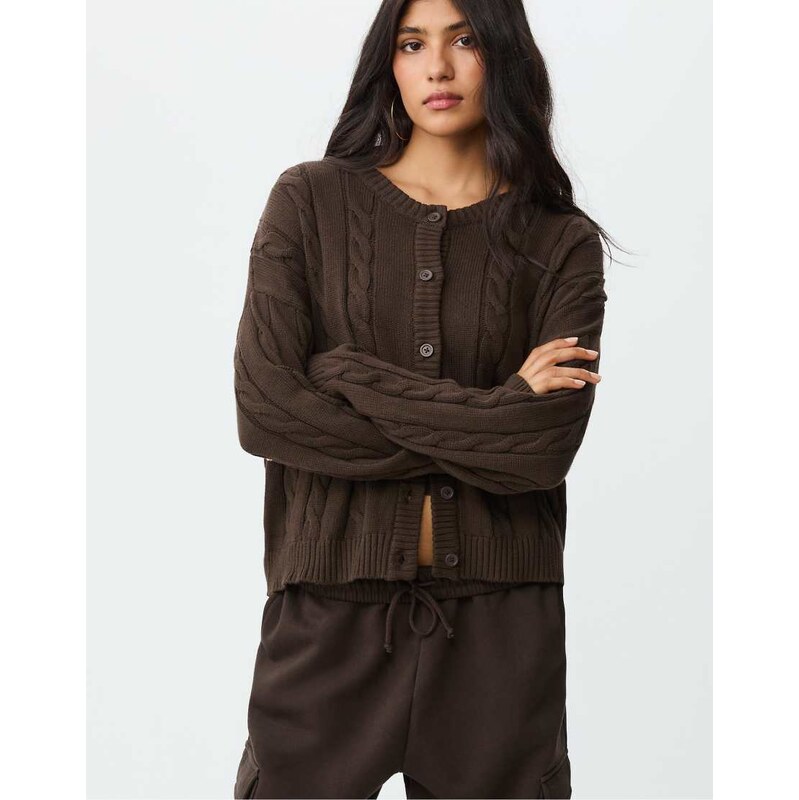 Stradivarius Buttoned cable-knit cardigan in brown 108527254