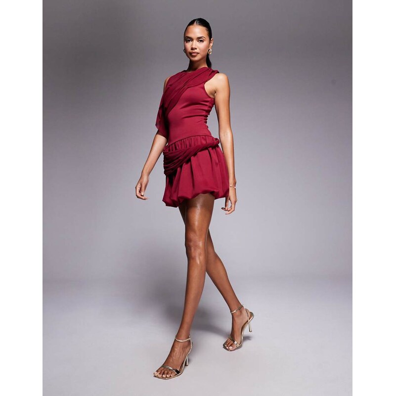 ASOS DESIGN drape shoulder mini dress with puff skirt in