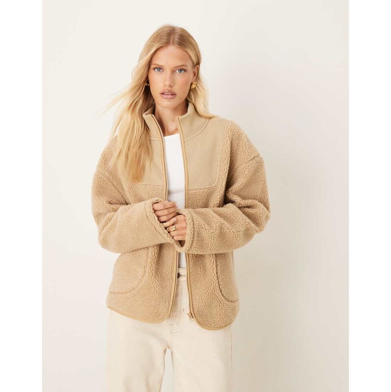 ASOS DESIGN zip through borg fleece and knit mix jacket in tonal