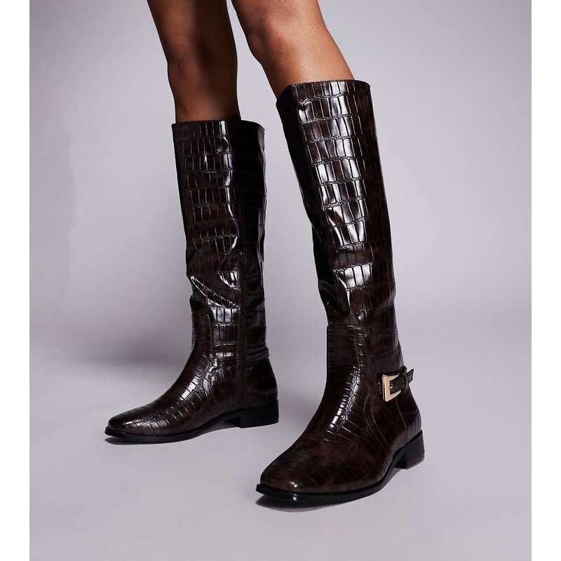 Public Desire Wide Fit Mackie knee boots with buckle in brown croc 108623376