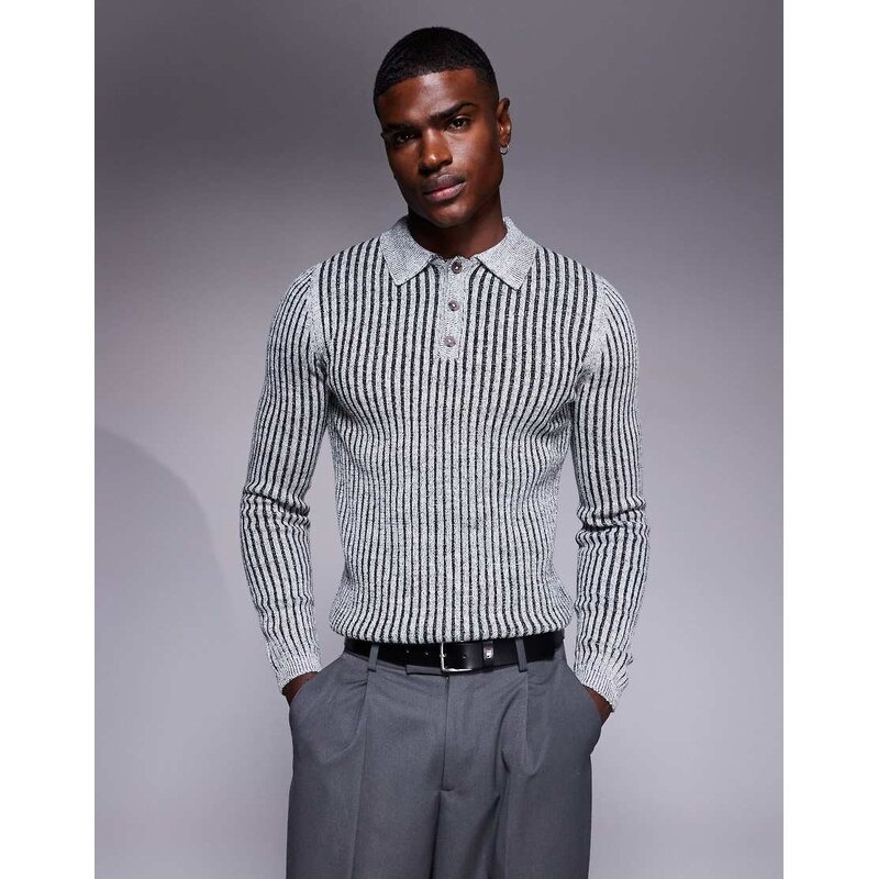 ASOS DESIGN muscle fit knitted plated rib polo in grey