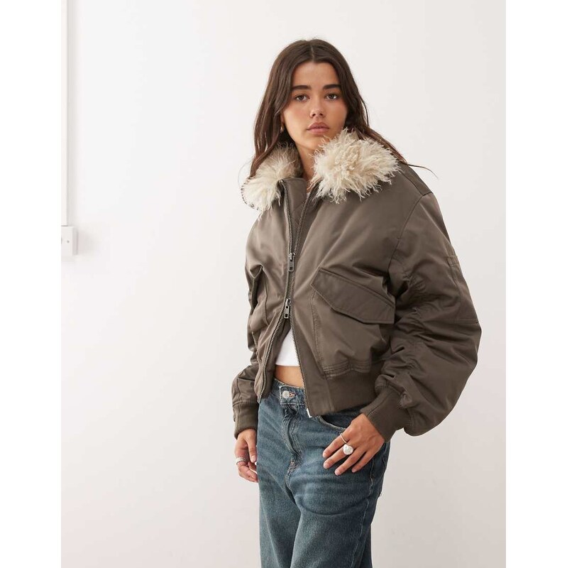 Weekday bomber jacket with faux fur collar in mole exclusive to