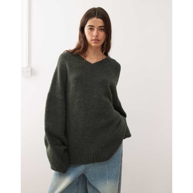 Weekday wool blend super oversized v neck jumper in dark green