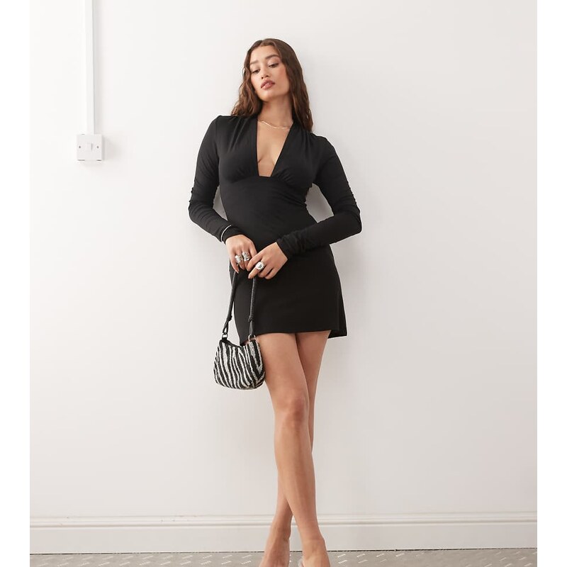 Weekday plunge long sleeve mini dress in black exclusive to ASOS 108530027