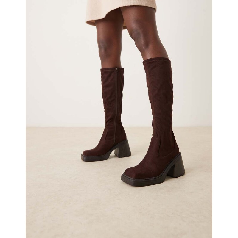 ASOS DESIGN Charly heeled knee boots in chocolate suedette-Brown 113261857