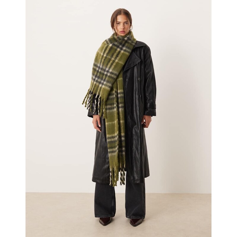 ASOS DESIGN oversized woven check tassel scarf in olive-Multi 108529972