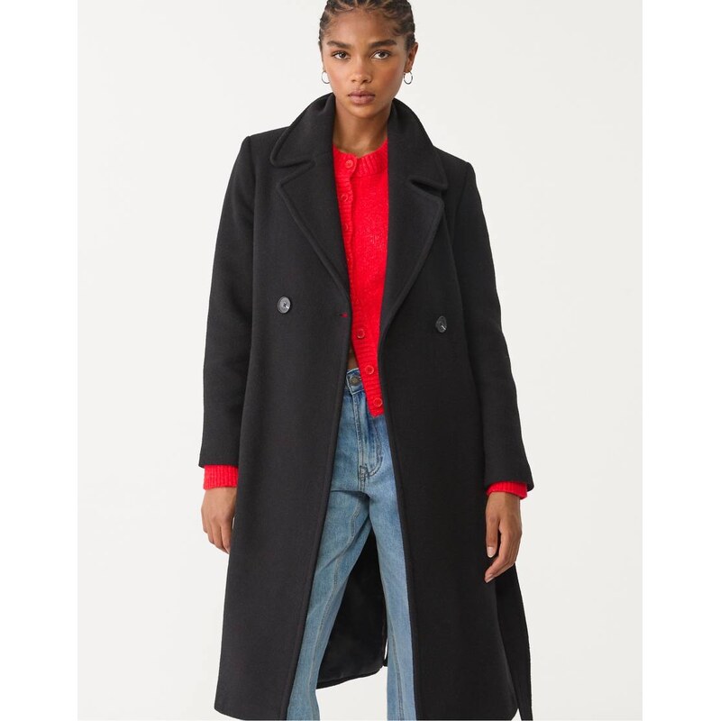Stradivarius wool look coat with belt in black 108529992