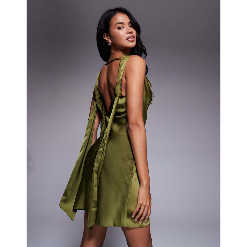 ASOS DESIGN satin drape neckline mini dress with long tie back