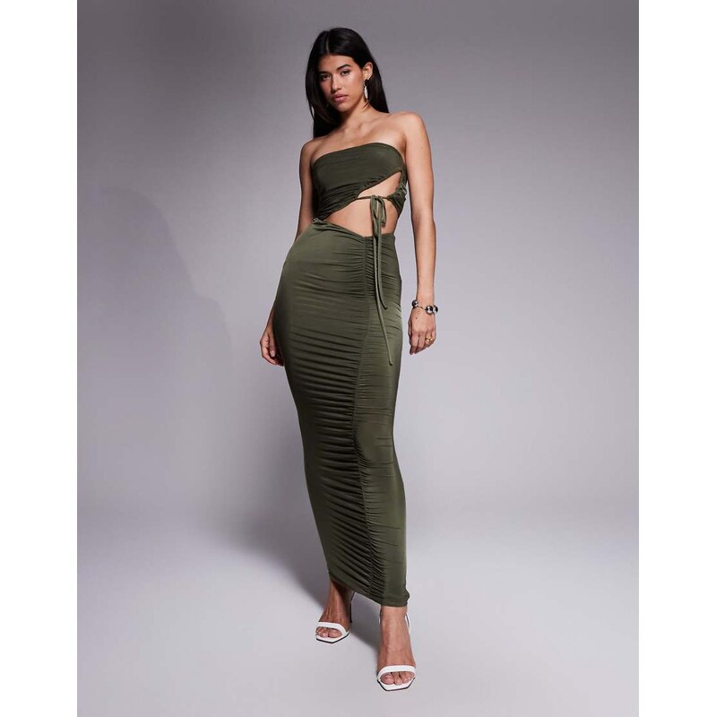 ASOS DESIGN bandeau ruched maxi dress in khaki-Green