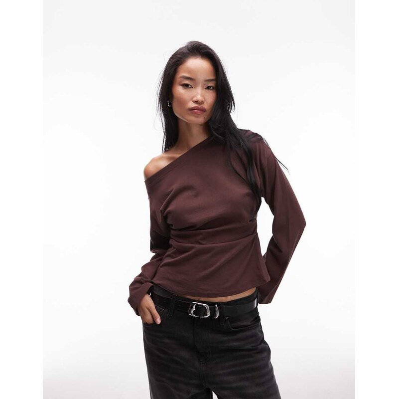 ASOS DESIGN long sleeve off shoulder corset waist tee in