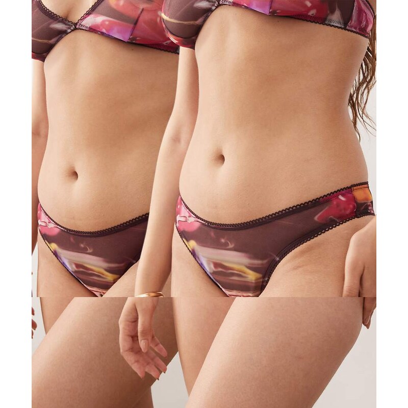 Monki 2 pack soft mesh brazilian thong in black floral print