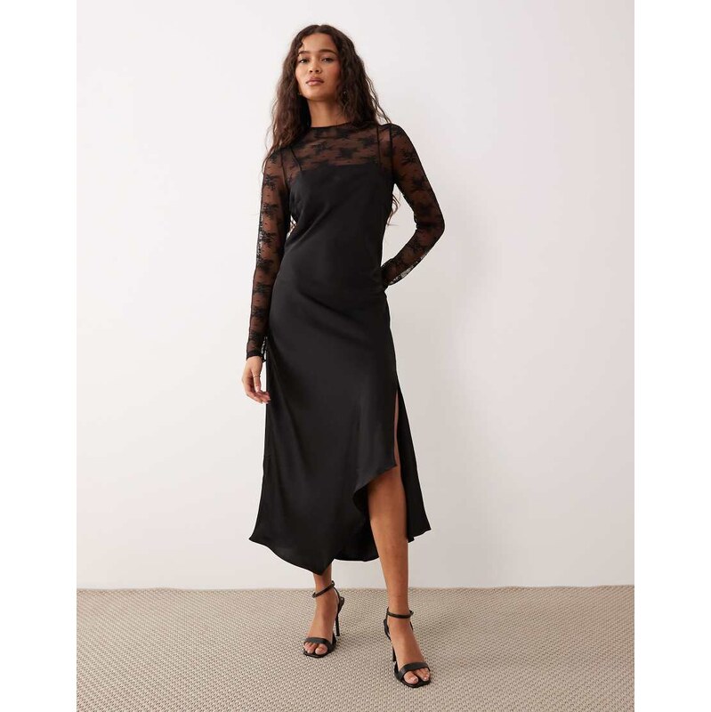 YAS hybrid high neck lace top and satin slip dress in black