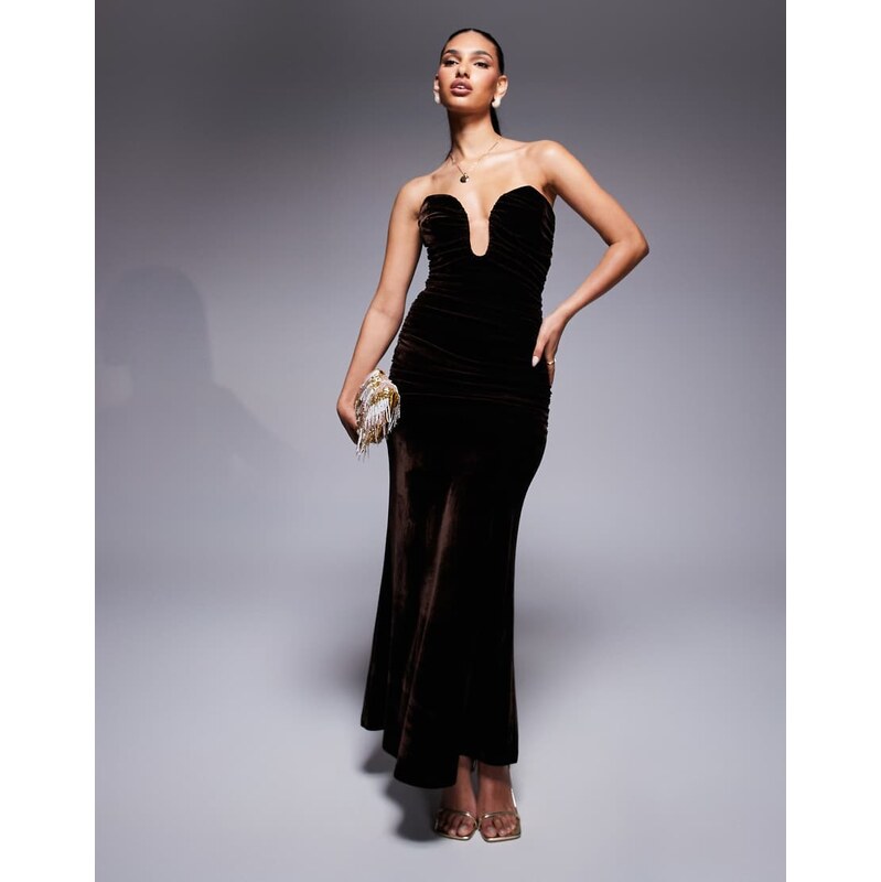 Bardot Elvira velvet plunge maxi dress in chocolate-Brown 108530201