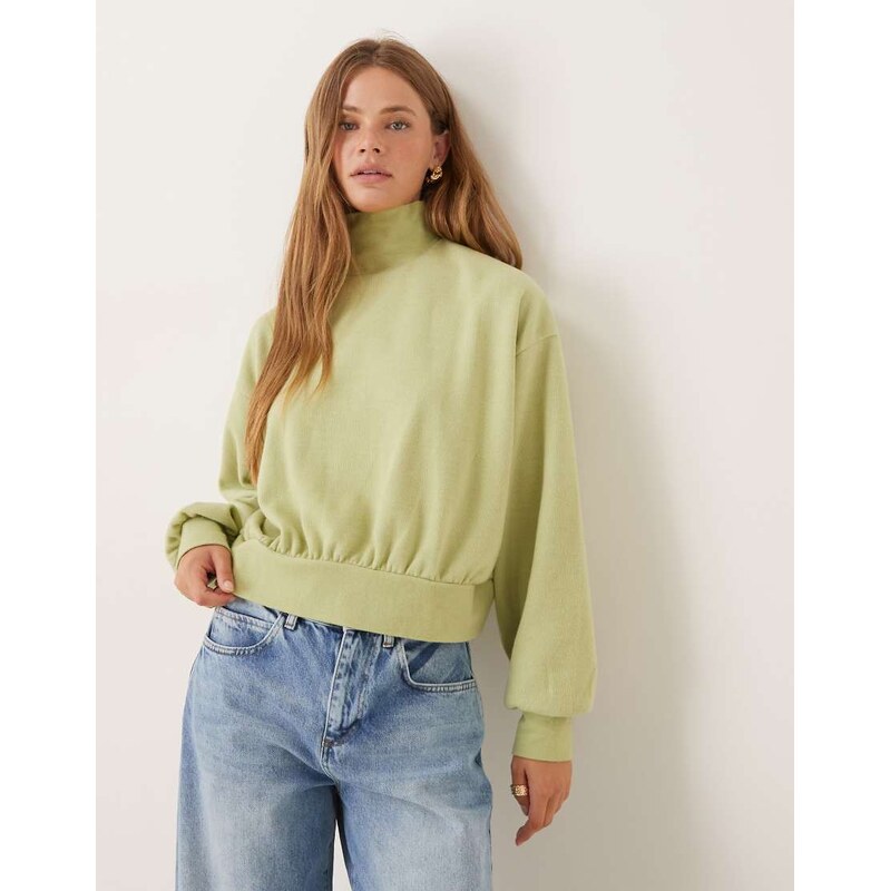 ASOS DESIGN Supersoft curved hem high neck jumper with balloon sleeve in pastel green - LGREEN