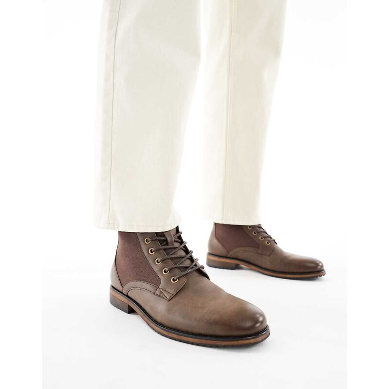 ASOS DESIGN lace up worker boots in brown with canvas detail
