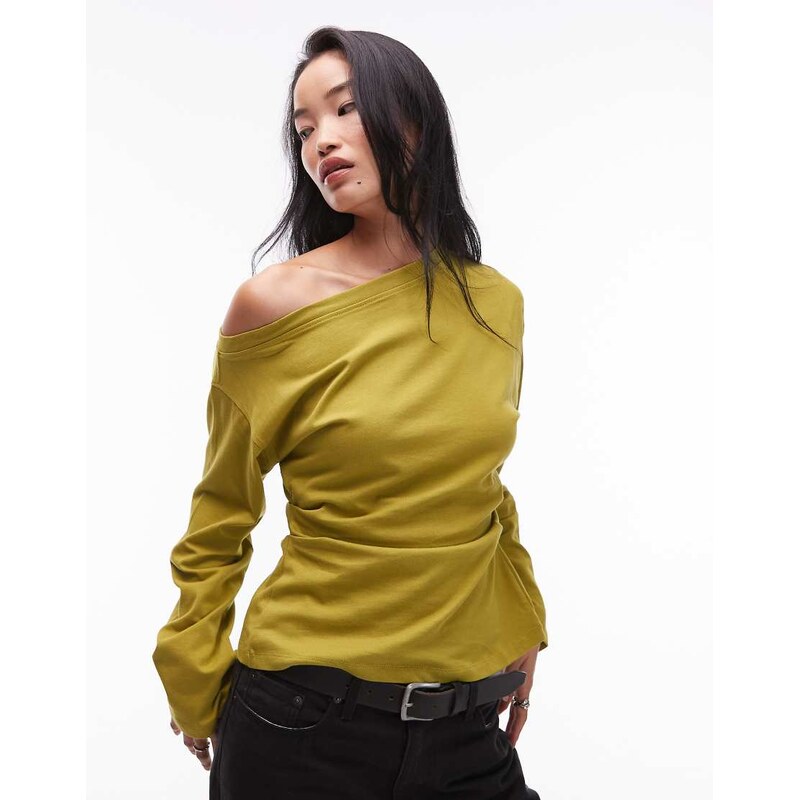 ASOS DESIGN long sleeve off shoulder corset waist tee in olive-Green 115746226