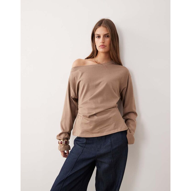 ASOS DESIGN long sleeve off shoulder corset waist tee in mocha-Grey