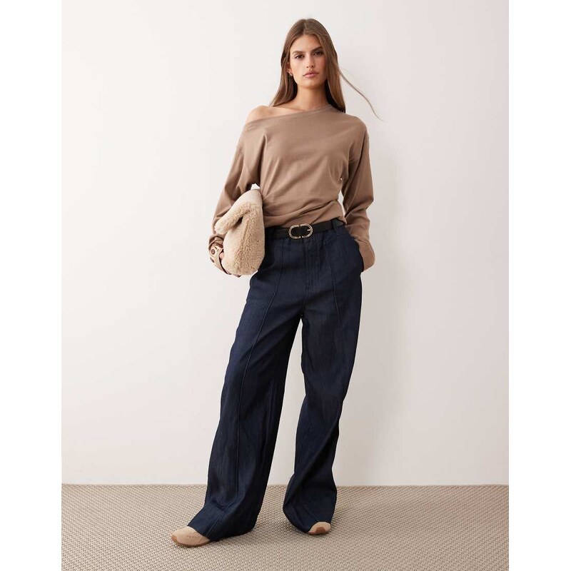ASOS DESIGN long sleeve off shoulder corset waist tee in mocha-Grey