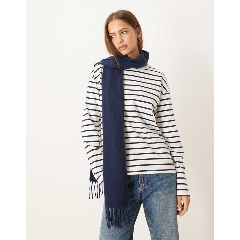 ASOS DESIGN woven tassel scarf in navy