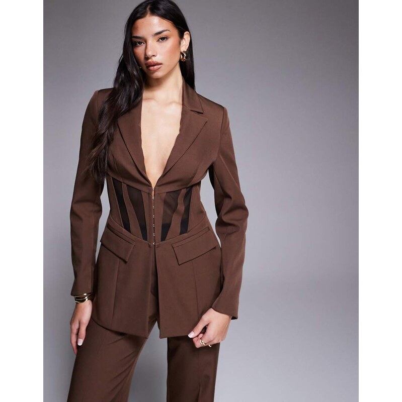 ASOS LUXE co-ord cinched waist blazer with contrast panelling in brown 111258925