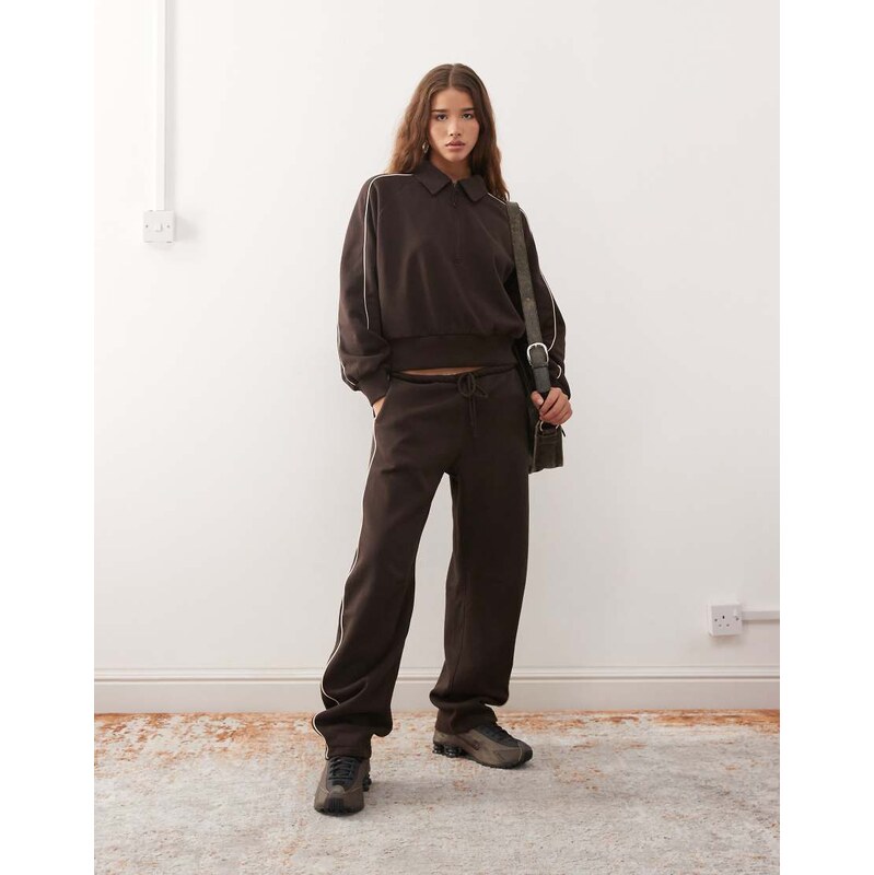 Monki co-ord barrel leg joggers with beige piping detail in