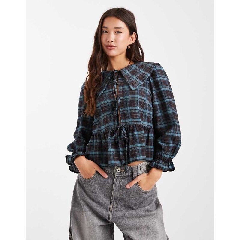 New Look collared check tie shirt in brown