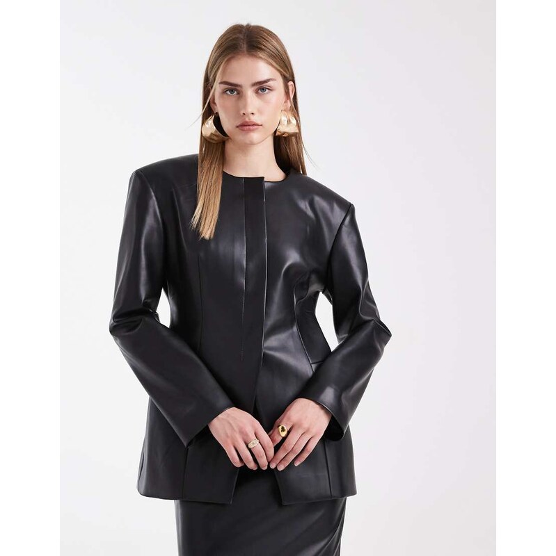 ASOS DESIGN faux leather cinch collarless blazer in black 108536368