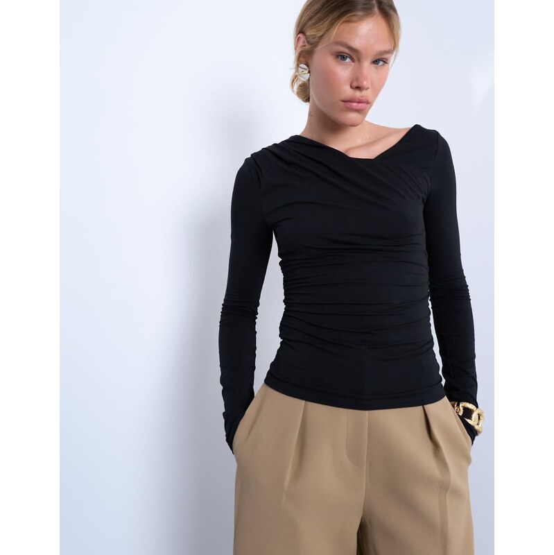 Topshop asymmetric slash neck long sleeve top in black 108536037