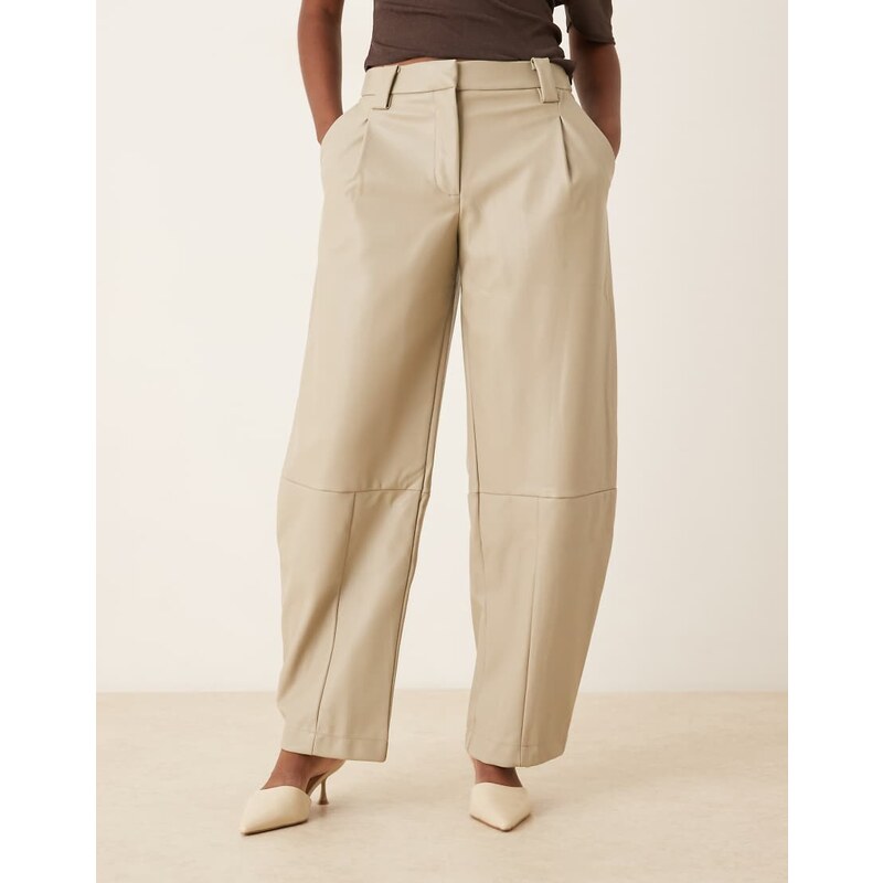 ASOS DESIGN tailored leather look barrel trousers in stone