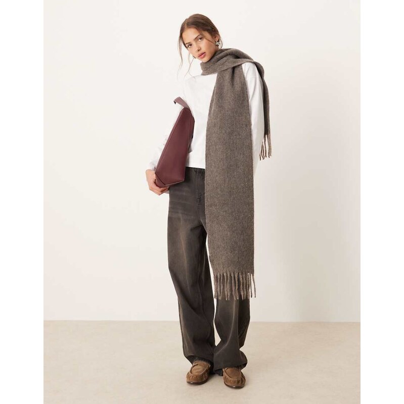 ASOS DESIGN woven wool mix scarf tassel design in brown mole