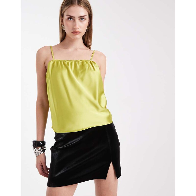 ASOS DESIGN satin cami with lingerie details in lime-Green 114088804