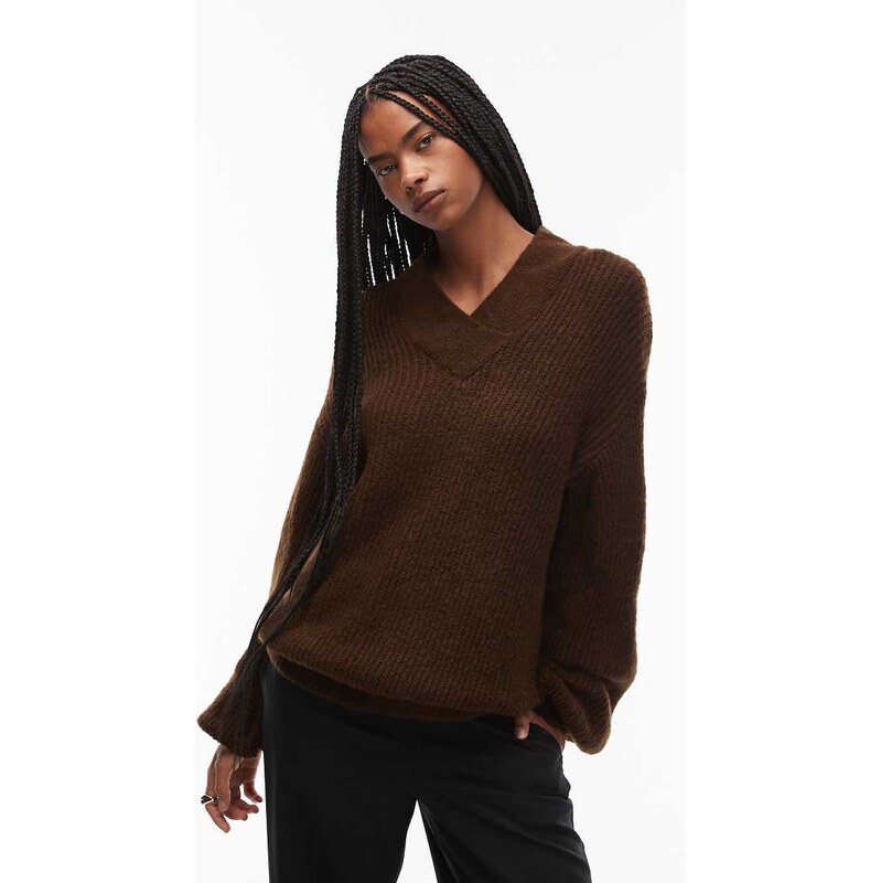 ASOS DESIGN knitted oversized v neck jumper in brown